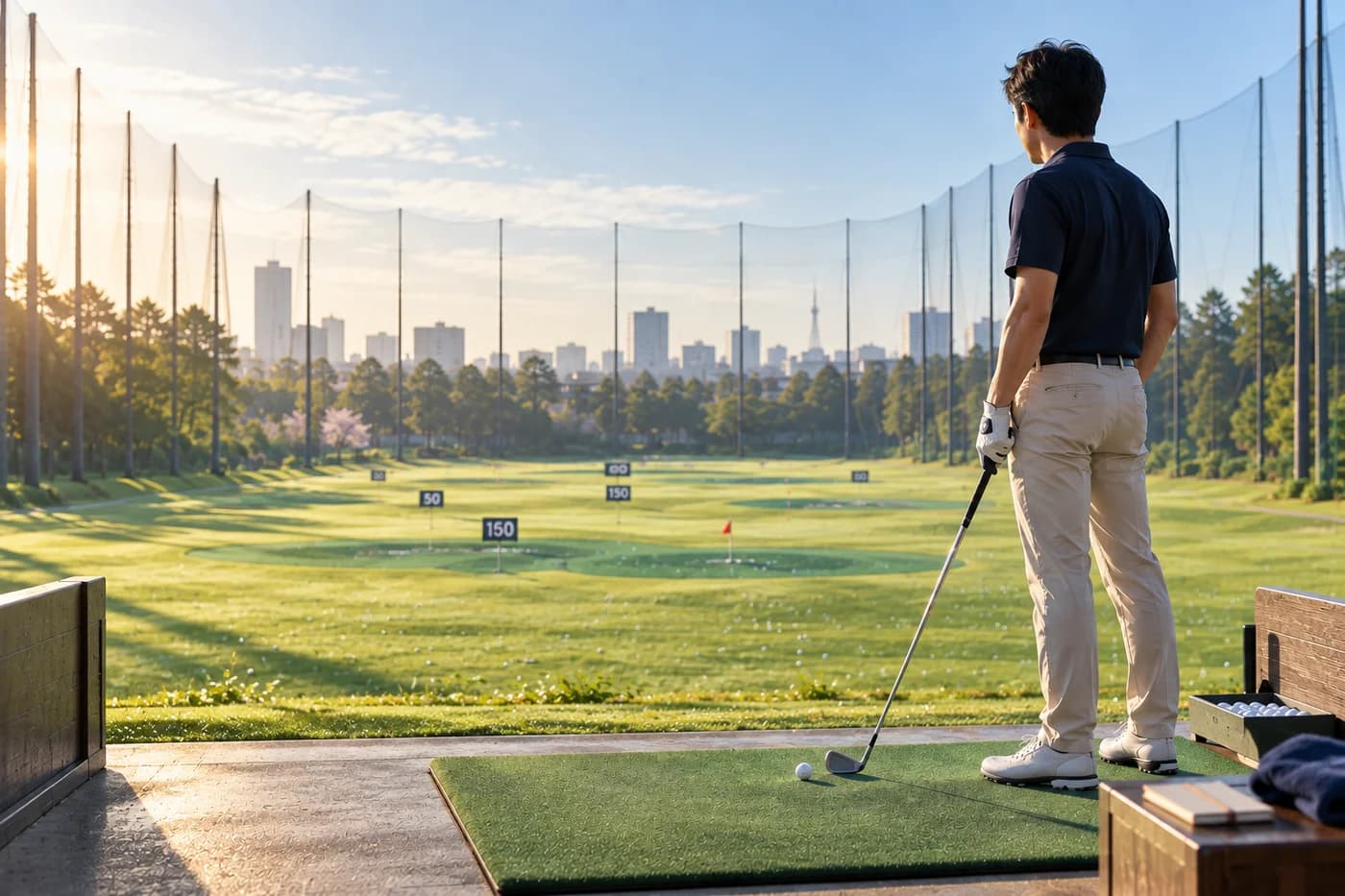 A golfer looking out across a sunlit driving range