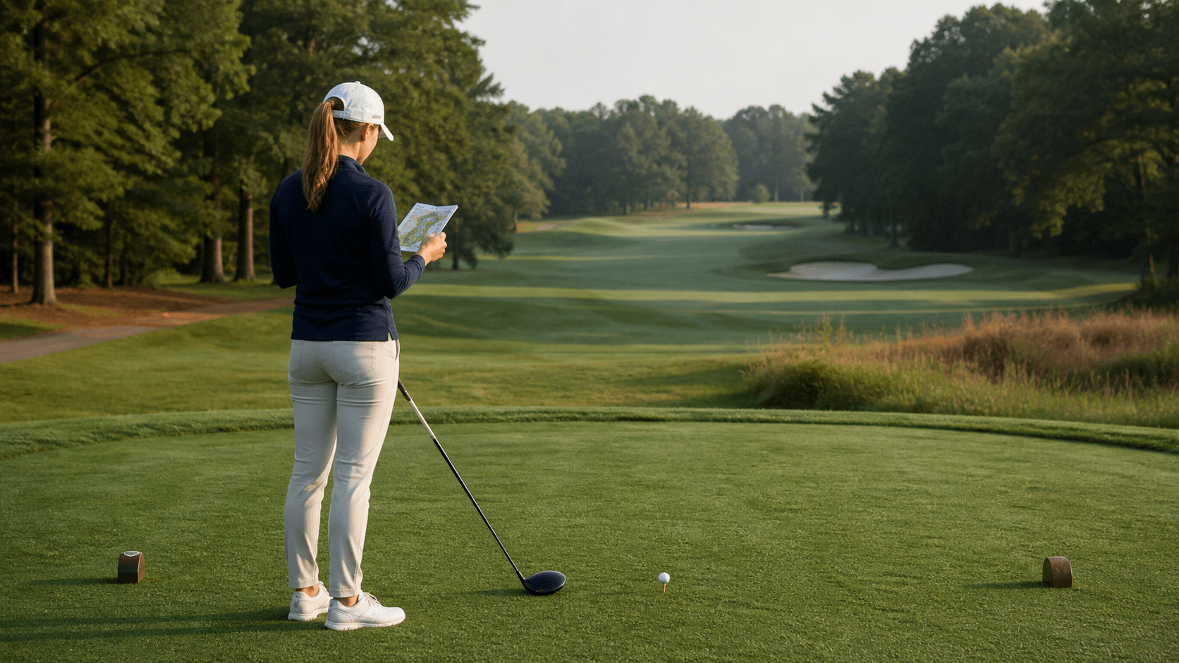 A golfer using a yardage book to plan a tee shot around fairway hazards