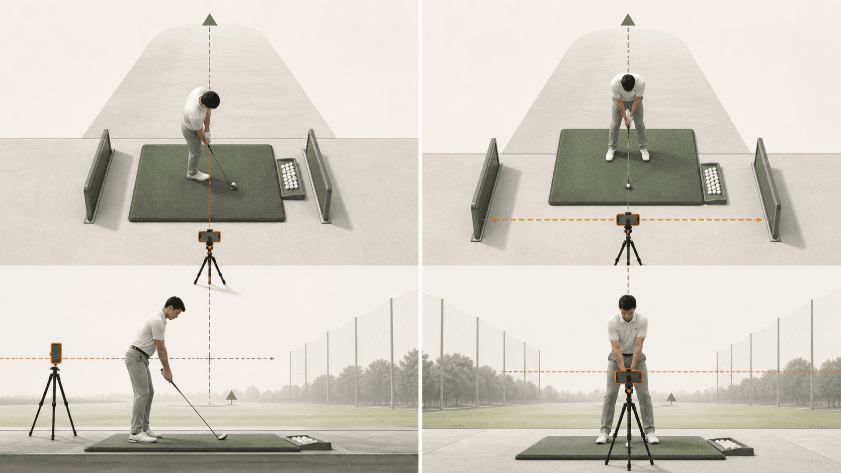 Diagram showing down-the-line and face-on smartphone positions for recording a golf swing