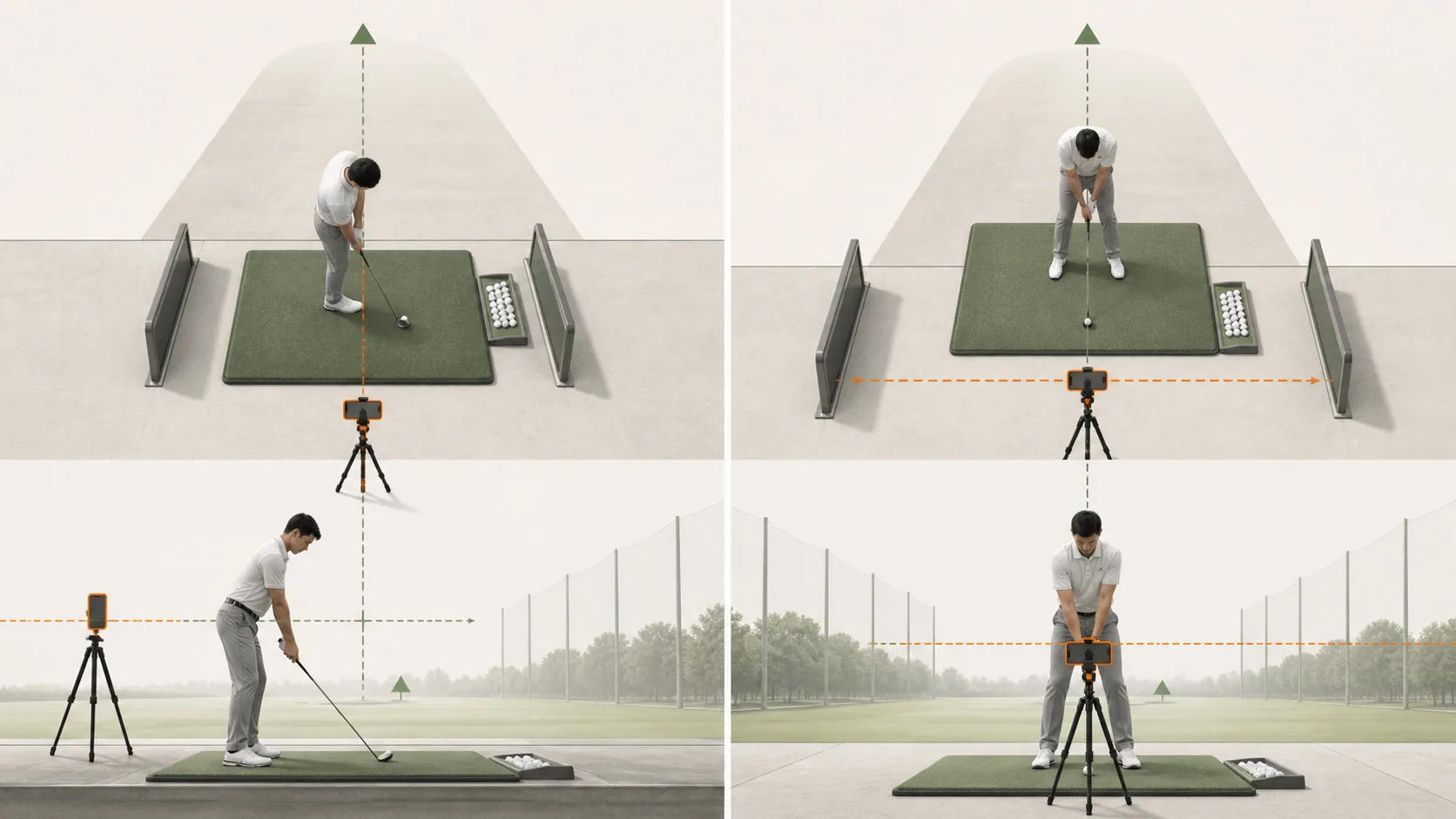 Diagram showing down-the-line and face-on smartphone positions for recording a golf swing
